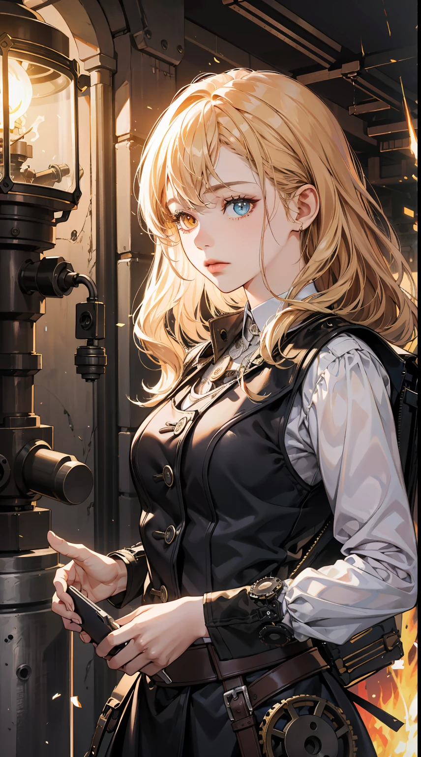 (absurdres, highres, ultra detailed), 1woman, mature female, aged up, wavy long hair, split-color hair, heterochromia, bangs, long sleeves, finely detailed eyes and detailed face, extremely detailed CG unity 8k wallpaper, intricate details, (style-rustmagic:0.8), (medieval cyborg:0.8), portrait, (bloody wounds:0.7), looking at viewer, solo, half shot, detailed background, (steampunk theme:1.1) determined expression, dark couds technomancer, floating lights, color leather vest with gears, techwear, jetpack, workshop in background, machines, gears, steam, industry, technology, furnace, grime, anvil, buttons, levers, automaton, electricity, electric sparks epic atmosphere,, portrait