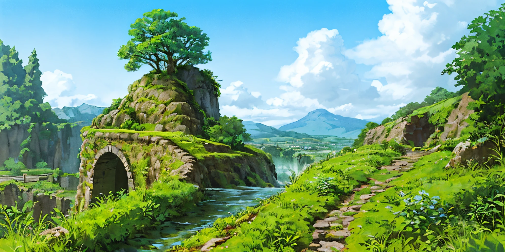 (((best quality))),single build,architecture, blue_sky, building,cloudy_sky, day, fantasy, fence, field, house, build,architecture,landscape, moss, outdoors, overgrown, path, river, road, rock, scenery, sky, sword, tower, tree, waterfall ,