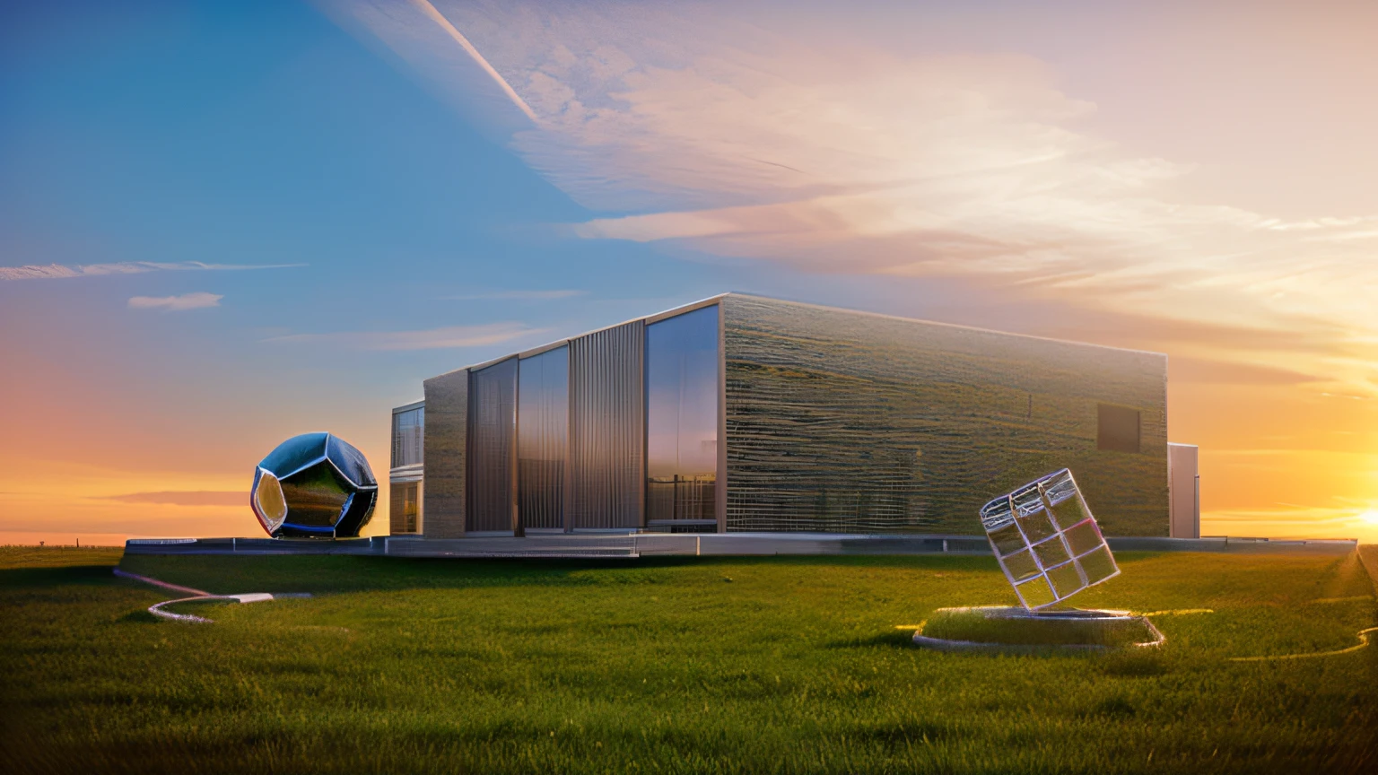 a rendering of a plaza in front of one office building,
stone pathway to building and from right to left,
one steel sculpture on the left and one steel sculpture on the right,
hilly grass between building and plaza,
((nice grass lawn)),
beautiful sky,
daylight, bright daylight,
two-point perspective, human perspective,
realistic, masterpiece, ultra-detailed, 4K, photographic rendering, commercial
rendering