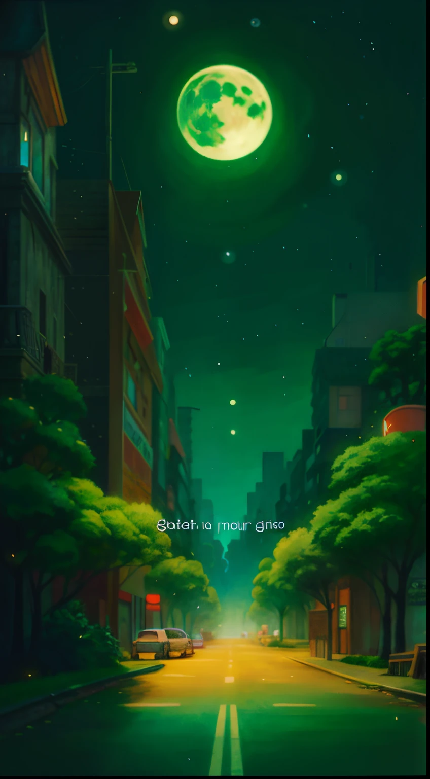 a painting of a street with a full moon and trees, bela cena de anime, Elogio Artstyle, anime vibes, forest city streets behind her, Ghibli animado vibe, anime bela cena de paz, arte de fundo do anime, anime aesthetic, Studio Ghibli Aesthetics, em uma obra-prima de anime, Brilho Verde, dreamy psychedelic anime, aesthetic award winning anime, lofi vibrations