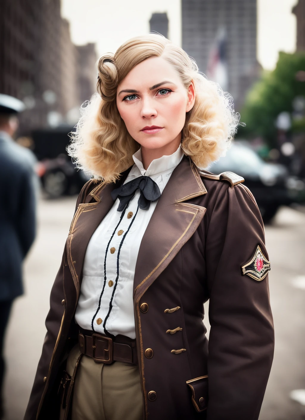 masterpiece, steampunk, hyper realistic, detailed, best quality, award-winning photo, age mid thirties, military woman, battle hardened, villain, straight short shoulder length darker blond hair, straight hairstyle, captain, steampunk, steampunk 1890s new york city, outside, military district, airships in the distance, wearing 1880s Victorian military jacket and pants, smaller breasts, super detailed, beautiful and aesthetic, beautiful, masterpiece, best quality, raw, masterpiece, super fine photo, best quality, super high resolution, photorealistic realism, amazing beauty, dynamic pose, vibrant eyes, (from the front), detailed face, detailed complex busy background, messy, highly detailed skin, realistic skin details, sharp focus, 8k uhd, DSLR camera, high quality, photo realism, translucent, full body,