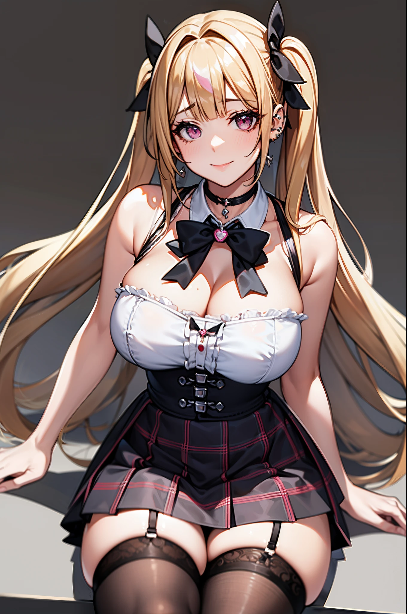 masterpiece, best quality, highres, hs1, light pink eyes, wide hips, thick thighs, sleeveless, cleavage, (blonde hair), twin tails, blunt bangs, (streaky hair), bowtie, black thighhighs, micro skirt, plaid skirt, red ribbon, garter straps, huge breasts, cowboy shot, from above, handbag, holding money, panties, full smile, looking at viewer, thick thighs, jirai kei, simple background, sakura, necklaces, ear piercings, sitting,