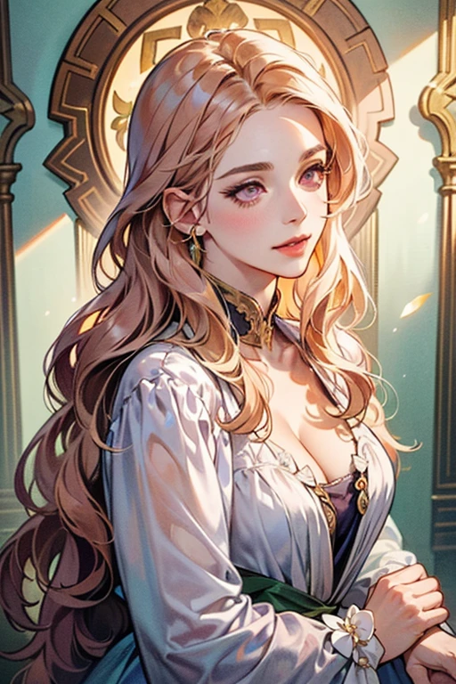 50-year-old woman, middle-aged European, (((MILF))), beautiful alluring noblewoman, (adult face), ((mature woman's face)), full lips, (oval-shaped face), (celestial nose), warm fair skin, small purple eyes, violet doe eyes, very light rose gold hair, pink blonde, pastel pink rose gold hair, very long wavy hair, tareme, long eyelashes, white Rococo fashion-inspired dress with brocade elements, radiant, glowing, luminous, enchanting, elegant, holy, dreamy, romanticism, innocence, serene, compassionate, fine art painting by Yanjun Cheng, Krenz Cushart key art feminine, a character portrait by Oliver Sin and Charlie Bowater, background by James Jean and Alphonse Mucha, ((Alphonse Mucha)), ((intricate detailed)), ((Semi-realistic)), (solo focus), (perfect face:1.1), cleavage, light smile, kind facial expression, ethereal lighting, (high detail:1.1), (((masterpiece))), ((best quality)), fantasy style art, Art Nouveau, full-length portrait, voluptuous body, ((glamour shot full body image)), fullbody illustration, cleavage