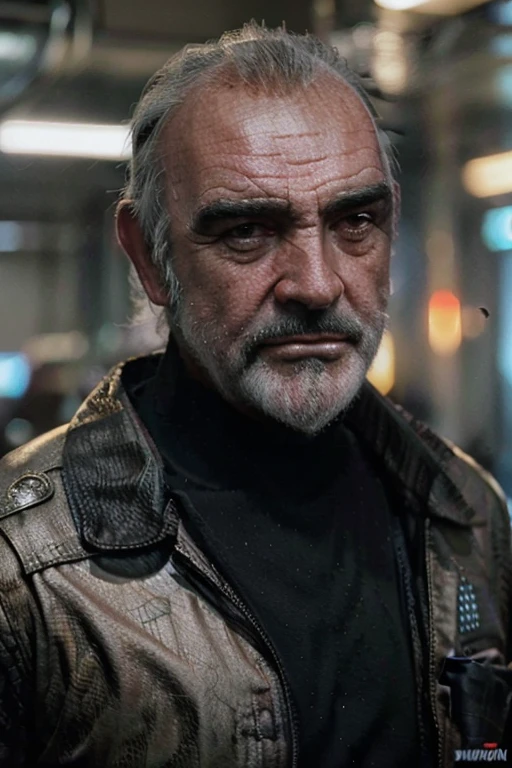 Homem idoso, vestindo roupas pretas de detetive, Realistic photo, inspirado no Sean Connery, retrato do sean connery, fundo com cidade cyberpunk, imagem 8k, imagem 4k, imagem do tipo fotografia.