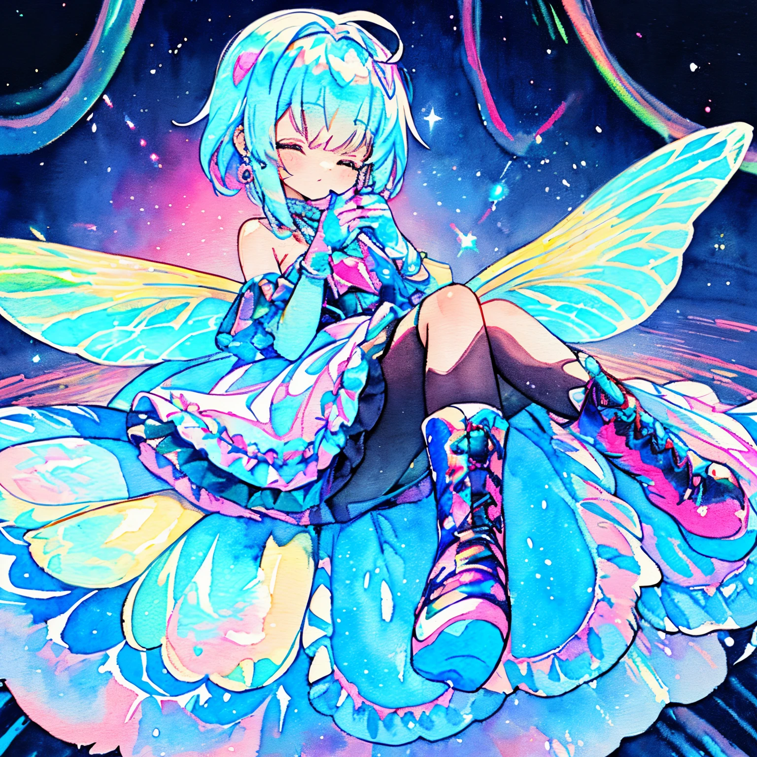 close your eyes and laugh、((colorful, vivid color):1.3), (A dress that emits a variety of colors like a hologram:1.5), ((iridescent glow crinoline, iridescent glow multi-layered skirt):1.4), (gothic lolita:1.2), (lace-up:1.2), ((sleeveless, bare shoulders):1.2), (iridescent glow fairy wings:1.3),
BREAK (platform HIGH boots:1.1), (long gloves:1.2), ((earrings, barrette):1.2),、(PastelColors:1.2)、(Cute illustration:1.2)、(watercolor paiting:1.2)