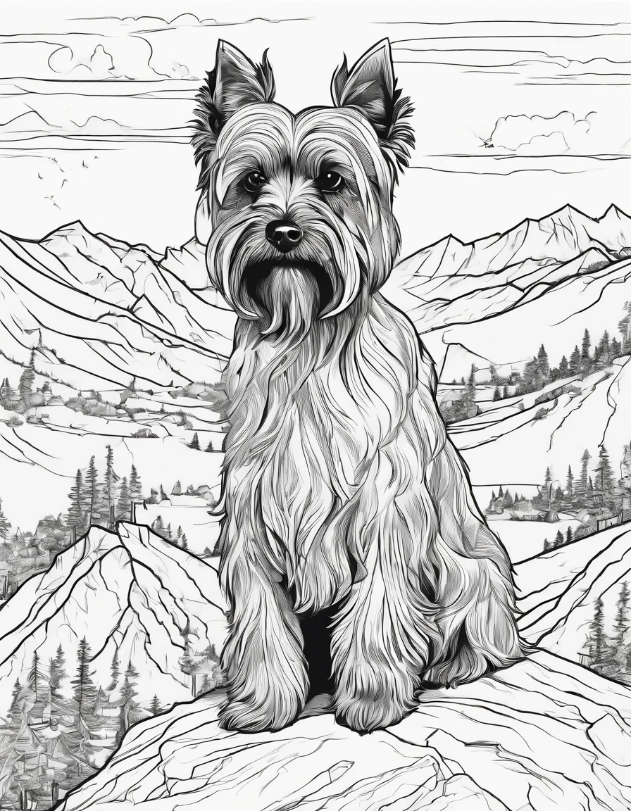 Yorkshire Terrier on a mountain, for coloring page, high quality, black and white, no shading