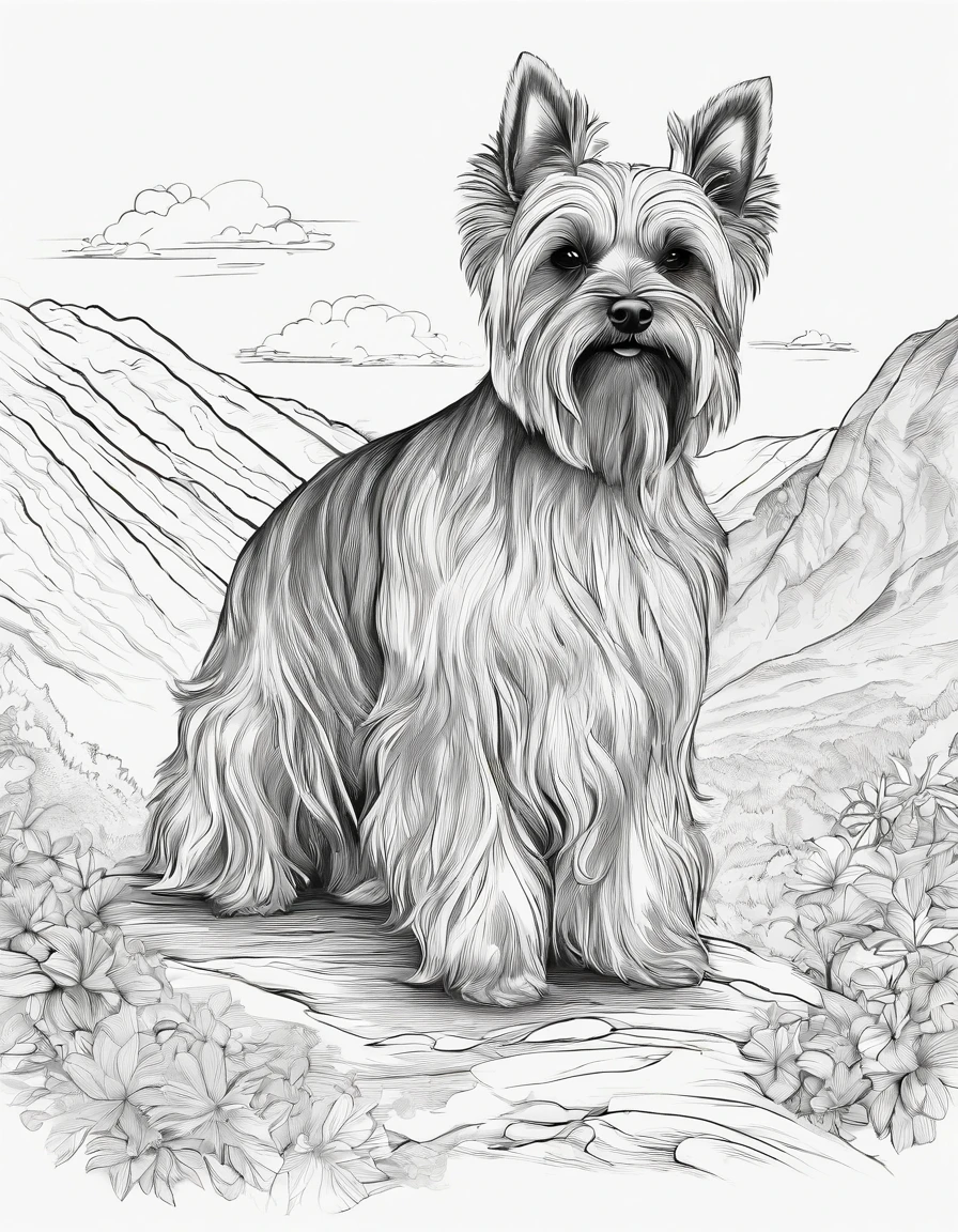 Yorkshire Terrier on a mountain, for coloring page, high quality, black and white, no shading