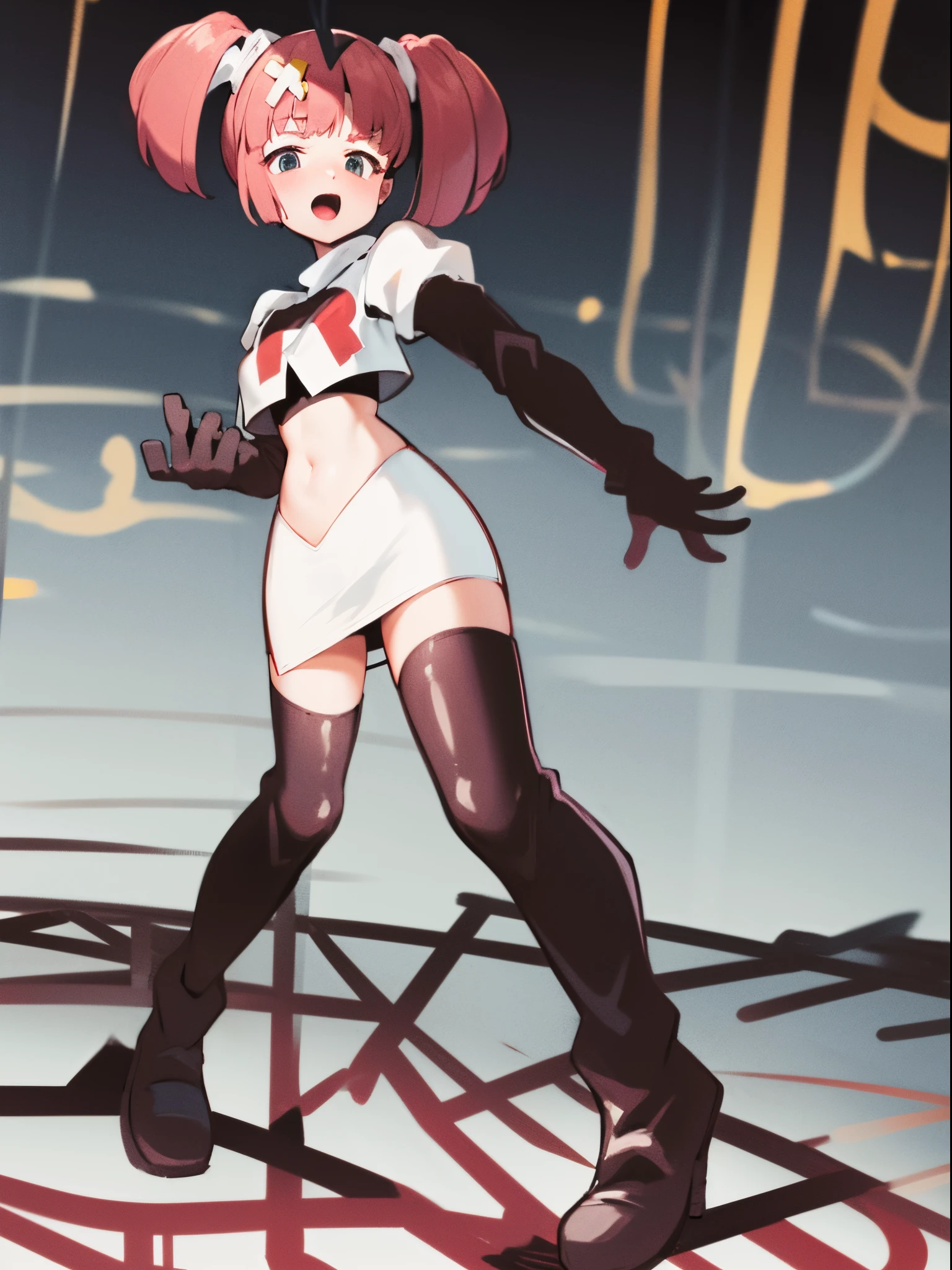 sango,team rocket,team rocket uniform,white skirt,crop top,black thigh-high boots,black elbow gloves,