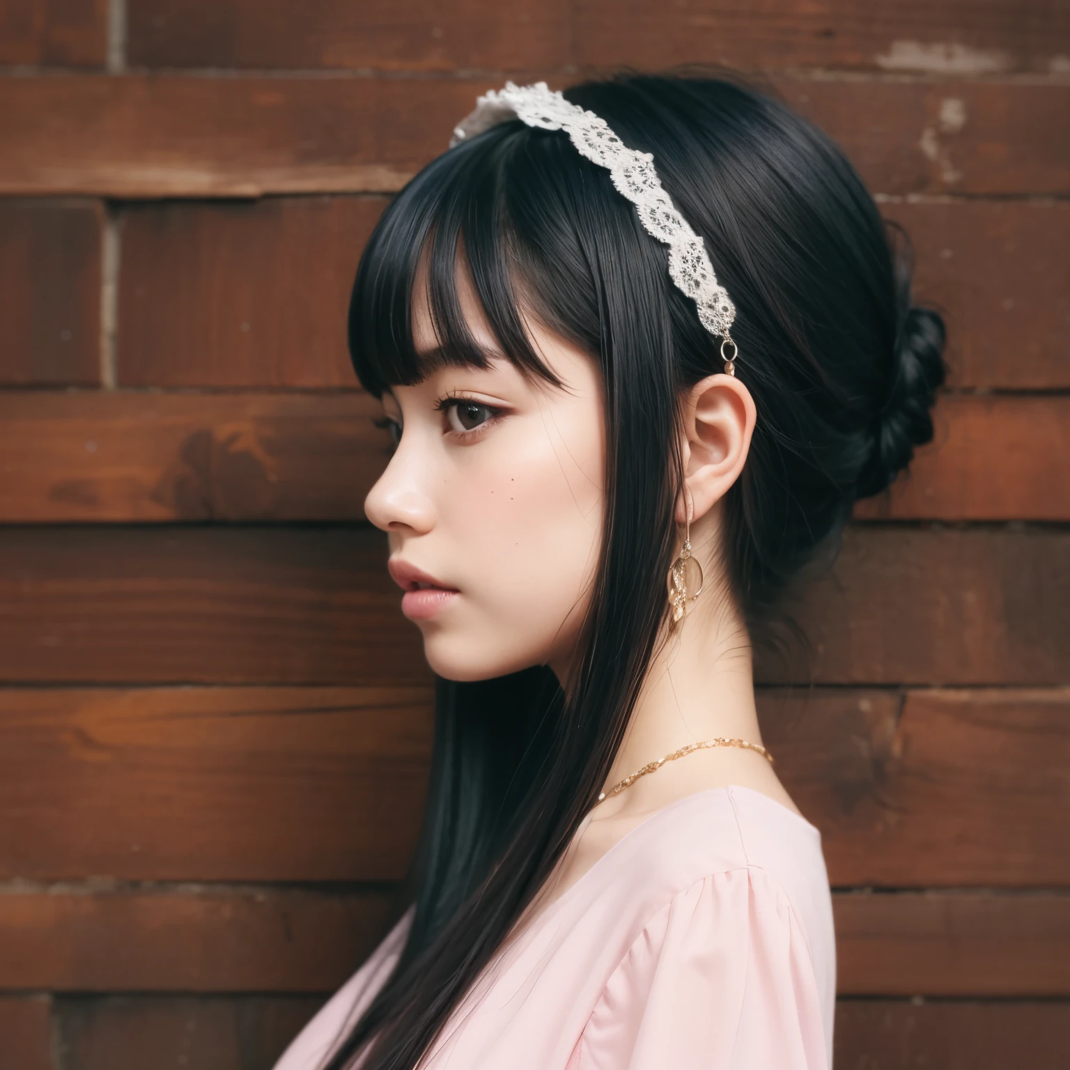 girl with long black hair and a pink dress standing in front of a wooden wall