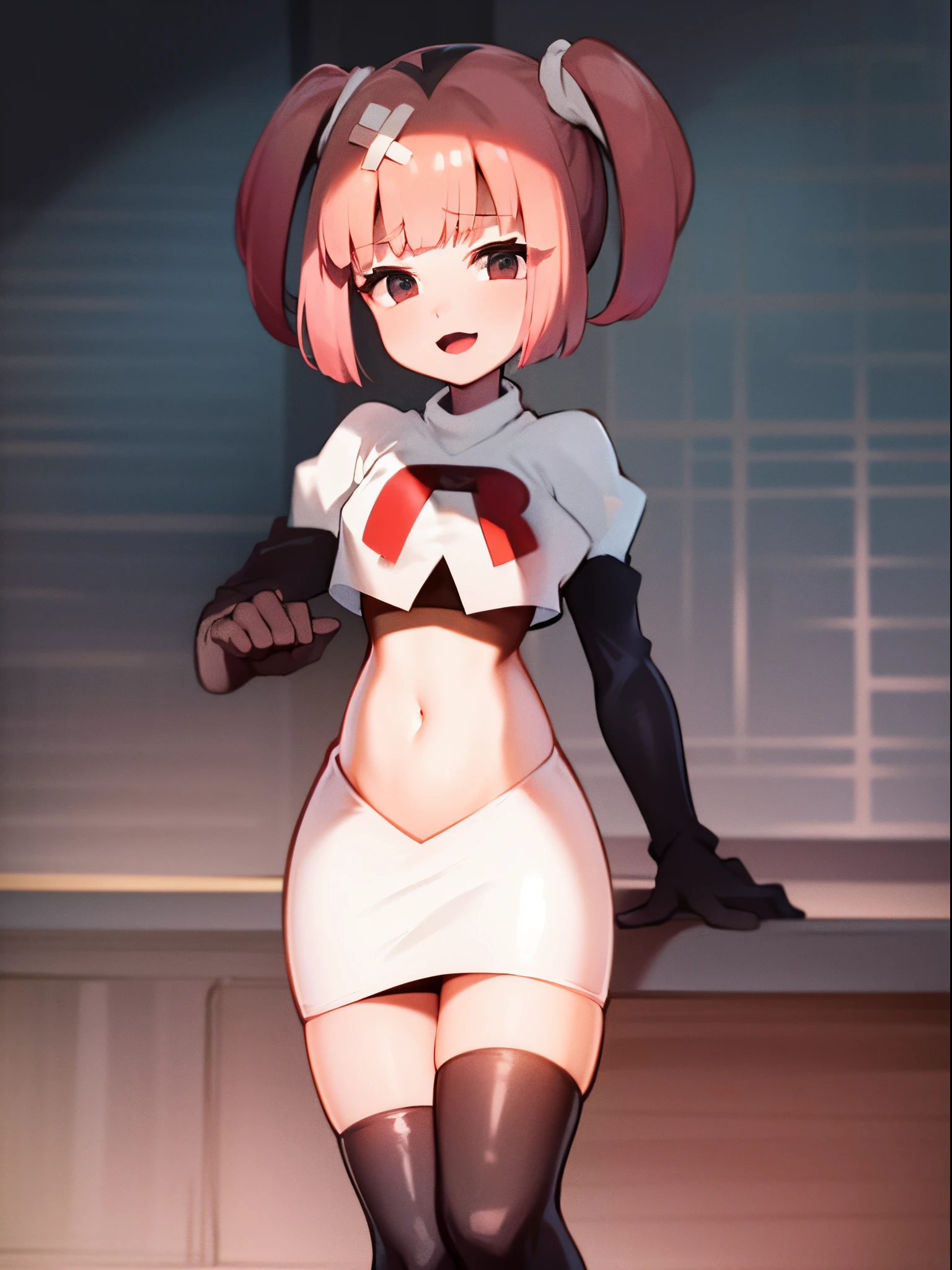 sango,team rocket,team rocket uniform,white skirt,crop top,black thigh-high boots,black elbow gloves,