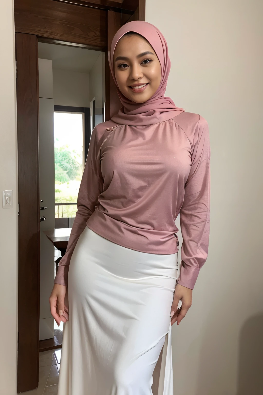 RAW, Best quality, high resolution, masterpiece: 1.3, 1 beautiful Malay woman in hijab, big gorgeous eyes, smiling, wearing loose long sleeve blouse and really tight long skirt, cut side skirt showing 1 thigh, full covered, in changing room, Excellent lighting, Bright colors, Clean lines, full body shot.