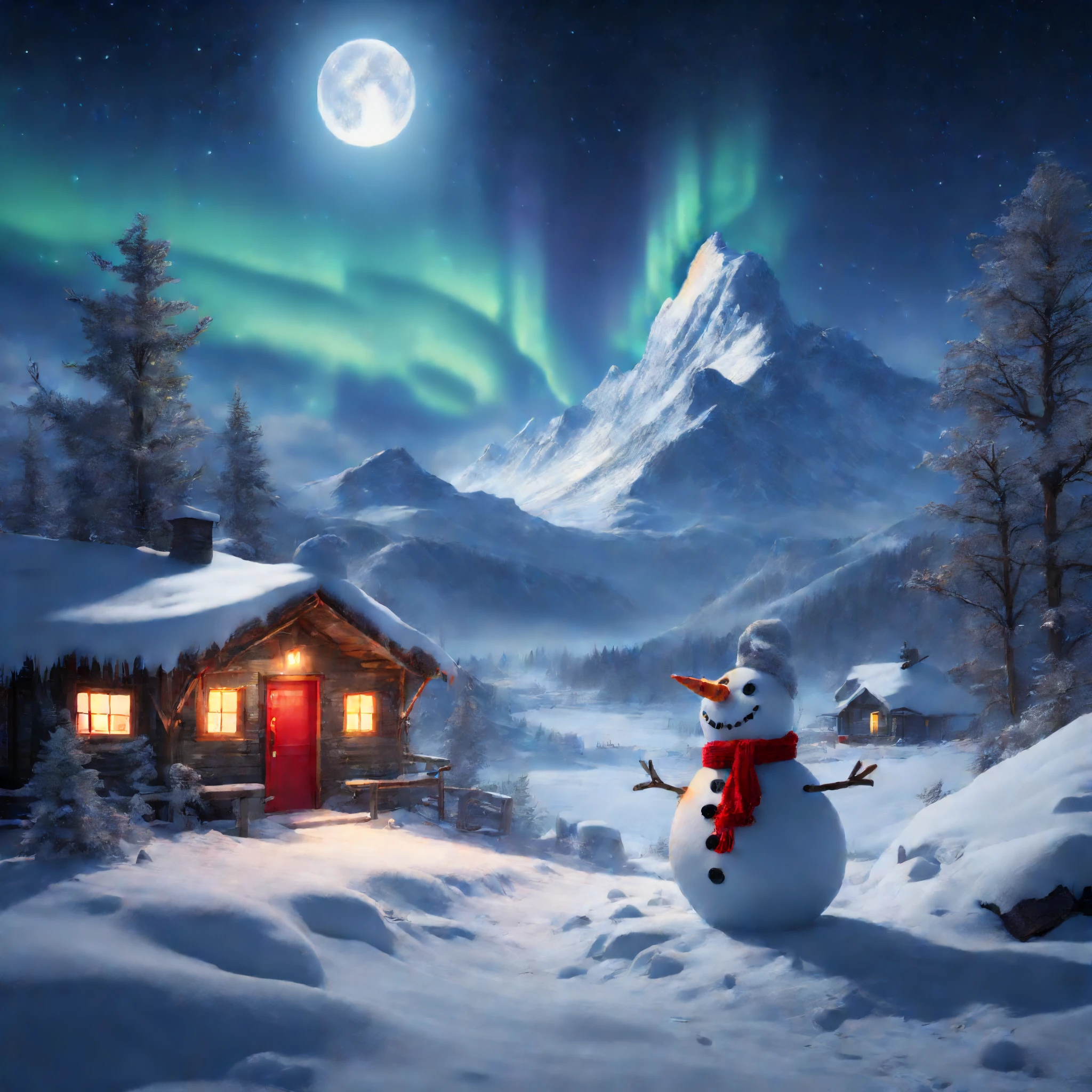 star night, Snow-capped trees，(aurora borealis), (Towering snow-capped mountains),((tall snowman，Large round body，Carrot nose，branches as arms，Red scarf wrapped around neck，Coal for eyes,ssmile)), bonfires，cottage house covered in snow,A snowy hideaway, reindeer,pedestrians,Winter wonderland,vivd colour, cloud,thin fog,New Moon,milky ways, Subtle shades of blue，amazing scenery, Icy cliffs, Frozen lake, peaceful, majestic and beautiful, ethereal glowing, A miracle of nature, peaceful solitude, Celestial wonders, Extensive, Natural phenomena, Christmas Eve, Calm reflection, glistening stars, Mysterious charm （Best quality，4K，8K，Tall structures，tmasterpiece：1.2），ultra - detailed，（realistically，photoreali，Shoot real：1.37），HighDynamicRange，hyper HD，Studio lights up，Extremely detailed description，physically-based renderingt，professional，vivd colour。