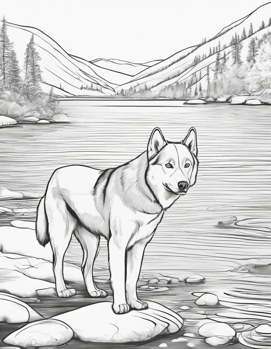 Siberian Husky in a river in Alaska, for coloring page, high quality, black and white, no shading