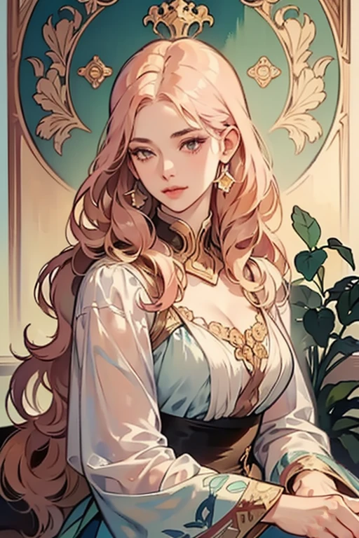 50-year-old woman, middle-aged European, (((MILF))), beautiful alluring noblewoman, (adult face), ((mature woman's face)), full lips, (oval-shaped face), (celestial nose), warm fair skin, small purple eyes, violet doe eyes, very light rose gold hair, pink blonde, pastel pink rose gold hair, very long wavy hair, tareme, long eyelashes, white Rococo fashion-inspired dress with brocade elements, radiant, glowing, luminous, enchanting, elegant, holy, dreamy, romanticism, innocence, serene, compassionate, fine art painting by Yanjun Cheng, Krenz Cushart key art feminine, a character portrait by Oliver Sin and Charlie Bowater, background by James Jean and Alphonse Mucha, ((Alphonse Mucha)), ((intricate detailed)), ((Semi-realistic)), (solo focus), (perfect face:1.1), cleavage, light smile, kind facial expression, ethereal lighting, (high detail:1.1), (((masterpiece))), ((best quality)), fantasy style art, Art Nouveau, full-length portrait, voluptuous body, ((glamour shot full body image)), fullbody illustration, cleavage, more revealing clothes