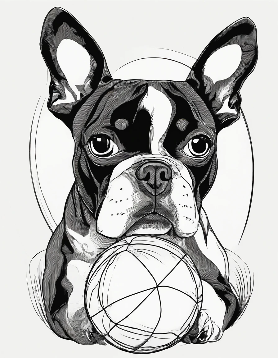 Boston terrier with a ball in his mouth, for coloring page, high quality, black and white, no shading