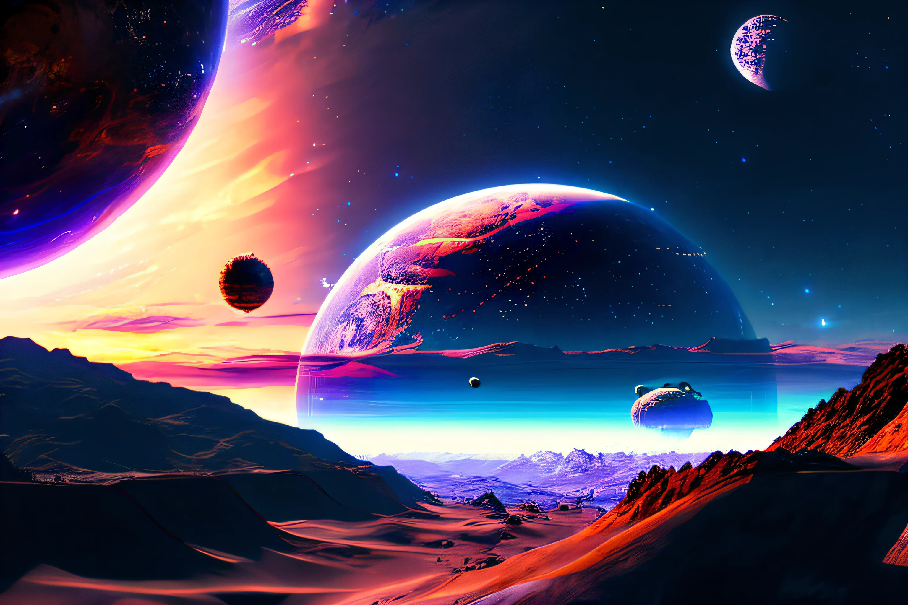 Looking out from the space station, the landscape would be breathtaking. The station would be located in the midst of an endless expanse of dark, star-studded space, with a distant planet visible on the horizon. The planet would be a majestic, multi-colored sphere, Covered by swirling clouds、Mountains and the sea dotted.
Around the station, there would be a flurry of activity, as spacecraft come and go, transporting supplies, equipment, and personnel. Some of the ships would be sleek and streamlined, while others would be bulky and utilitarian, designed for heavy lifting and long-haul transport.
The space station itself would be a marvel of engineering, a gleaming hub of metal and glass that extends out into space like a giant spider web. The modules that make up the station would be connected by slender, curved arms, each one bristling with communication antennae, Solar panels, and scientific instruments.
As the station orbits the planet, the landscape below would change, revealing new vistas and hidden wonders. There might be massive craters, towering volcanoes, or deep canyons that stretch for miles. The color of the planet is、Varies as the sun rises and sets, Cast long shadows across the landscape、Illuminate hidden valleys and peaks.
Despite the vastness of space and the sheer scale of the landscape, the space station would be a beacon of life and activity, a testament to the ingenuity and determination of human beings to explore and conquer the unknown. (((masutepiece))), ((Best Quality)), Realistic, 8K, Ultra-detailed, Realistic, Scenery, concept-art, exceptionally detailed RAW color photo, Side Angle, (Lens Flare:0.7), particles effect, Ray traching, Cinematic lighting, Shallow depth of field, photographed on a Sony Alpha 1, 50mm wide angle lens, Sharp Focus, Cinematic Film Still, Dynamic Pose., 1 planet,