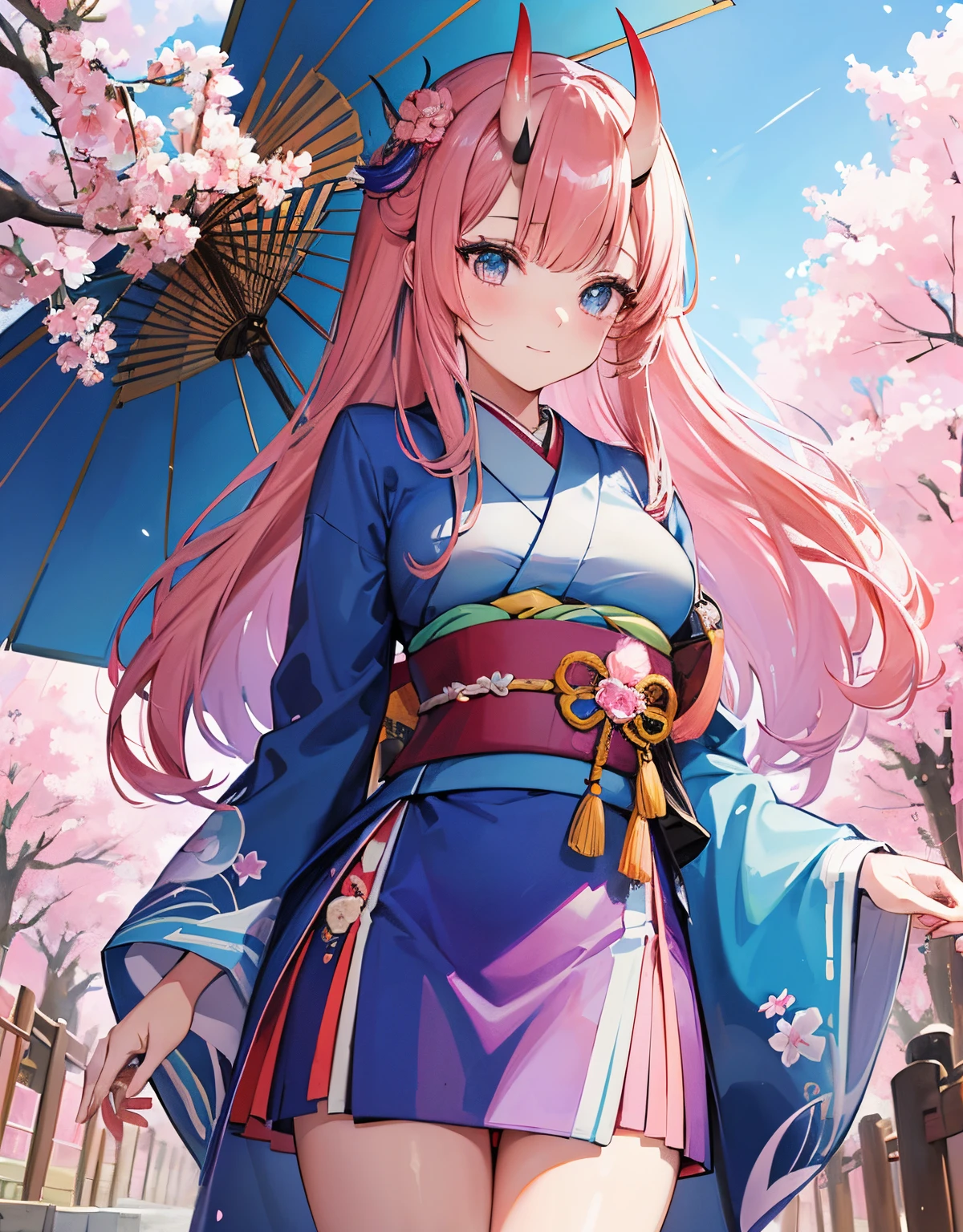 ((masterpiece)), ((best quality)), (ultra-detailed), ((kawaii)), cute, (lovely), ((sexy)), ((extremely detailed)), 4K, (8K), best quality, (beautiful), (anime style:1.2), flat color, painting, //, dynamic pose ((nsfw)), //, upper body, gradation, Beautiful girl with pink hair,with hair dishevelled,long pink hair,Sick,White pupils,The legs are very thin,The legs are long, blue eyelashes, masterpiece, 1girl ((20 years old)), oni, (oni girl),(oni horns), traditional kimono,(purple kimono), japanese traditional parasol, medium breasts, from sides, Smile, Long hair, (pink hair, Deep Blue Eyes:1.2), Sparkling eyes, (Perfect eyes:1.2), (Perfect iris:1.2), //, (cool), //, shiny-glistening, ultra shiny body, gleaming, Cute face, kawaii, Large breasts, delicate hair, disheveled hair, Japanese ancient architecture, (Kyoto) , cherry blossom season, dynamic lighting, Japanese town, Japan more in-depth travel exploration, cherry blossoms, lush cherry blossom trees, ((low camera angle, ground view)) Tall and tall,Thin, 8k, ultrarealistik, oficial art