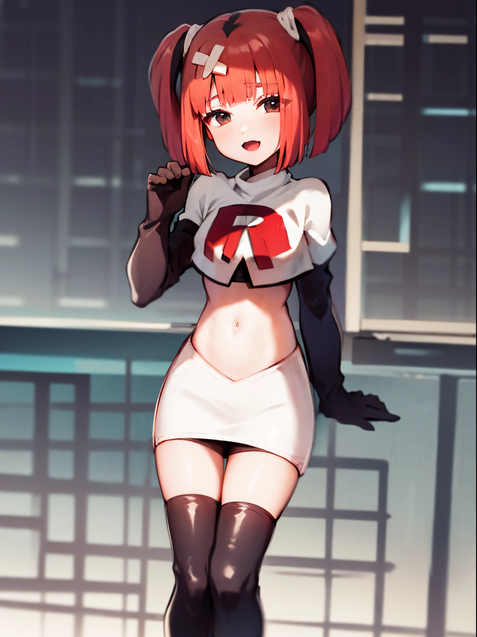 sango, long hair, multicolored hair, medium hair, team rocket,team rocket uniform,white skirt,crop top,black thigh-high boots,black elbow gloves,