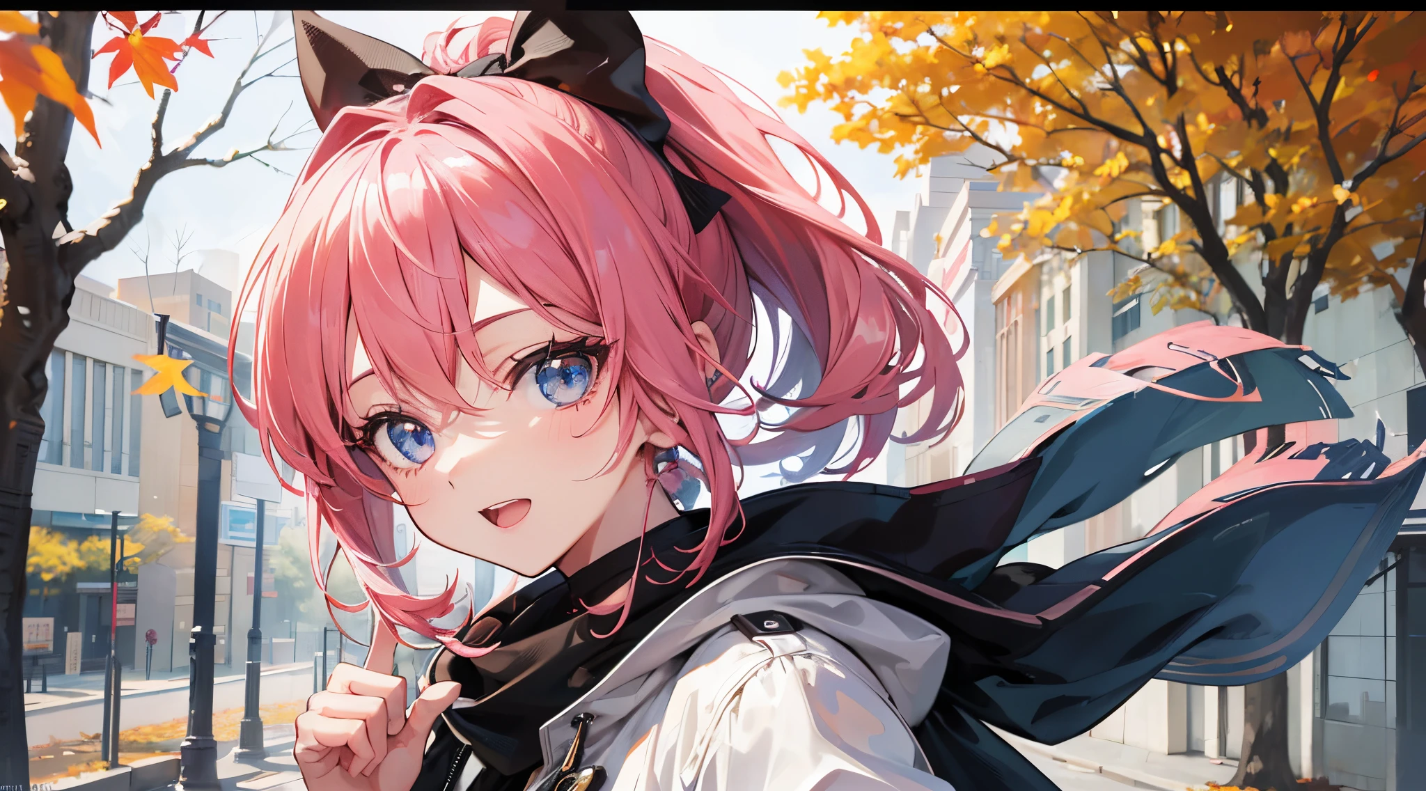 ((Ultra-detailed)), (top-quality),((masutepiece)), ((Super exciting)), ((8K)), ((extremely clear)), ((Very sophisticated)), (Anime quality), (。.3D), (Photography), (wall-paper), (Best Illumination, Best Shadow), Solo, Upper body, japanaese girl, , Pink hair, Short ponytail, large hair ribbon, Ahoge, drooping eyes, Blue eyes, long eyelashes, Thin eyebrows, Beautiful breasts, Detailed face description, Beautiful smile, Open mouth, flash cheek, Clear Body, Clear eyes, Light shines in, gleaming, shiny-glistening, Realistic skin texture, Healthy skin, Walking, Please dress appropriately, Duffel coat, Blazer, Detailed clothing description, at noon, Background of the promenade, Eye level angle, Autumn, leaves falling, Trees with autumn leaves, Look at viewers, close up, hands behind the back, Blur the background