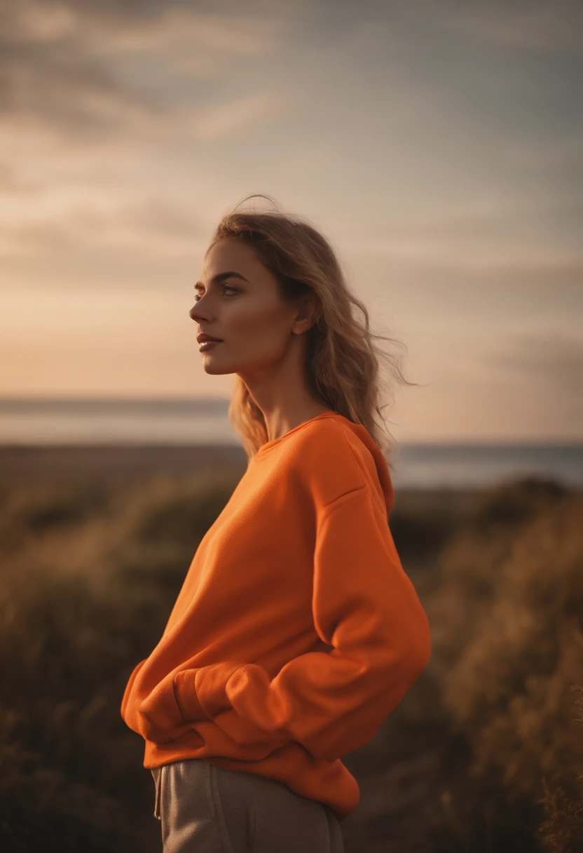 3d model of orange sweatshirt, made in a soft style, dreamy quality, feminine exuberance, Matte Photo, without inscriptions and logos
