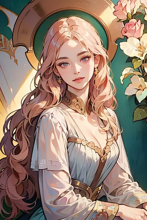 50-year-old woman, middle-aged European, (((MILF))), beautiful alluring noblewoman, (adult face), ((mature woman's face)), full lips, (oval-shaped face), (celestial nose), warm fair skin, small purple eyes, violet doe eyes, very light rose gold hair, pink blonde, pastel pink rose gold hair, very long wavy hair, tareme, long eyelashes, white Rococo fashion-inspired dress with brocade elements, radiant, glowing, luminous, enchanting, elegant, holy, dreamy, romanticism, innocence, serene, compassionate, fine art painting by Yanjun Cheng, Krenz Cushart key art feminine, a character portrait by Oliver Sin and Charlie Bowater, background by James Jean and Alphonse Mucha, ((Alphonse Mucha)), ((intricate detailed)), ((Semi-realistic)), (solo focus), (perfect face:1.1), cleavage, light smile, kind facial expression, ethereal lighting, (high detail:1.1), (((masterpiece))), ((best quality)), fantasy style art, Art Nouveau, full-length portrait, voluptuous body, ((glamour shot full body image)), fullbody illustration, cleavage, sexy clothes