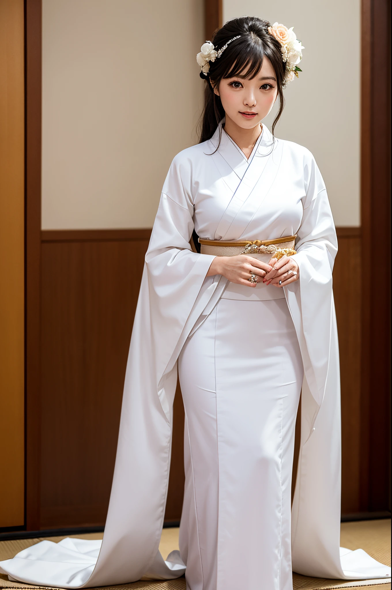 8k, highest quality, ultra details, Lora Eriko, attending a traditional Japanese wedding, wearing an exquisite white wedding kimono, participating in ceremonial rituals.