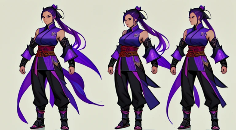 Sexy Asian warrior girl. Black and purple hair. Dragon armor motif. I'm the style of mortal Kombat. Concept art using wing chun martial arts. Show full body. Sex appeal. With Chinese dragon wrapped around her.