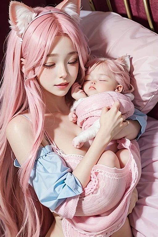 sleeping in bed, 17 year old woman, long pink hair, cat ears, big breasts, holding newborn baby, long pink hair, detailed face,