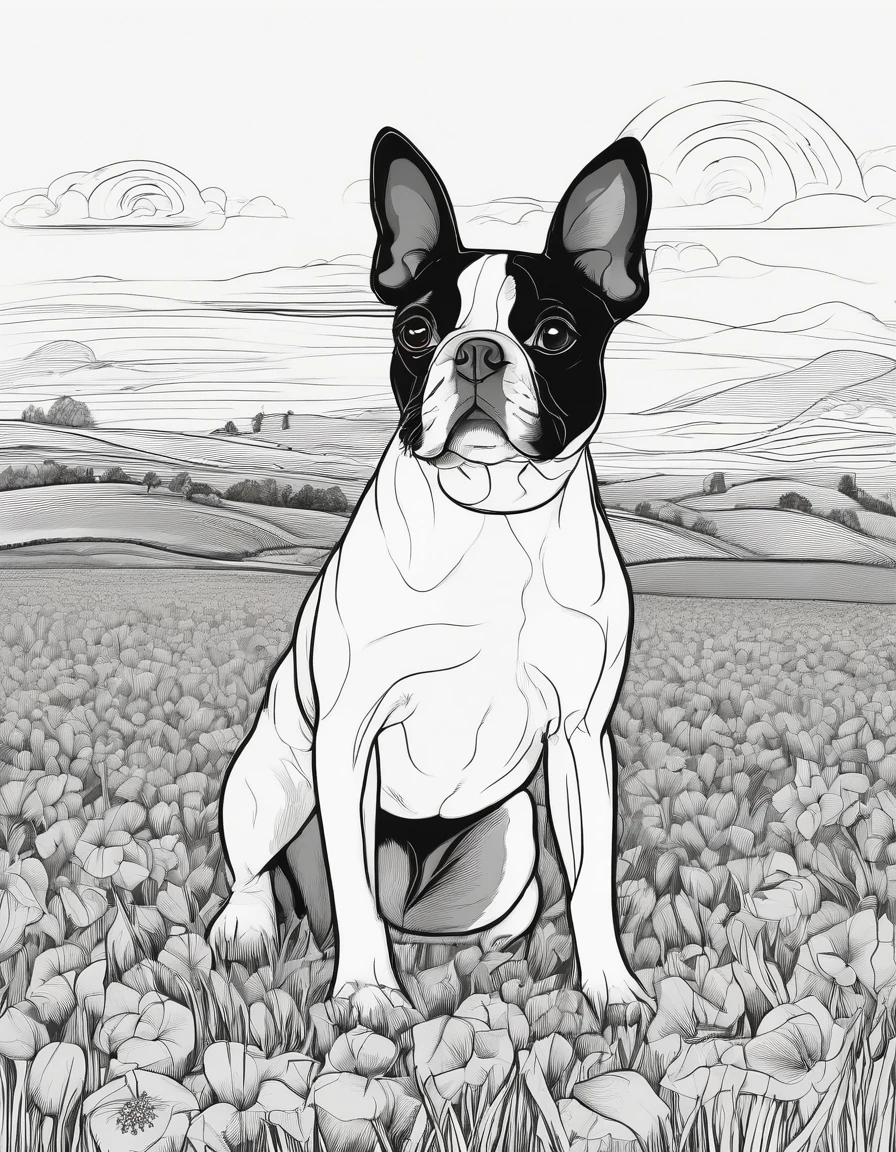 Boston terrier in a field , for coloring page, high quality, black and white, no shading