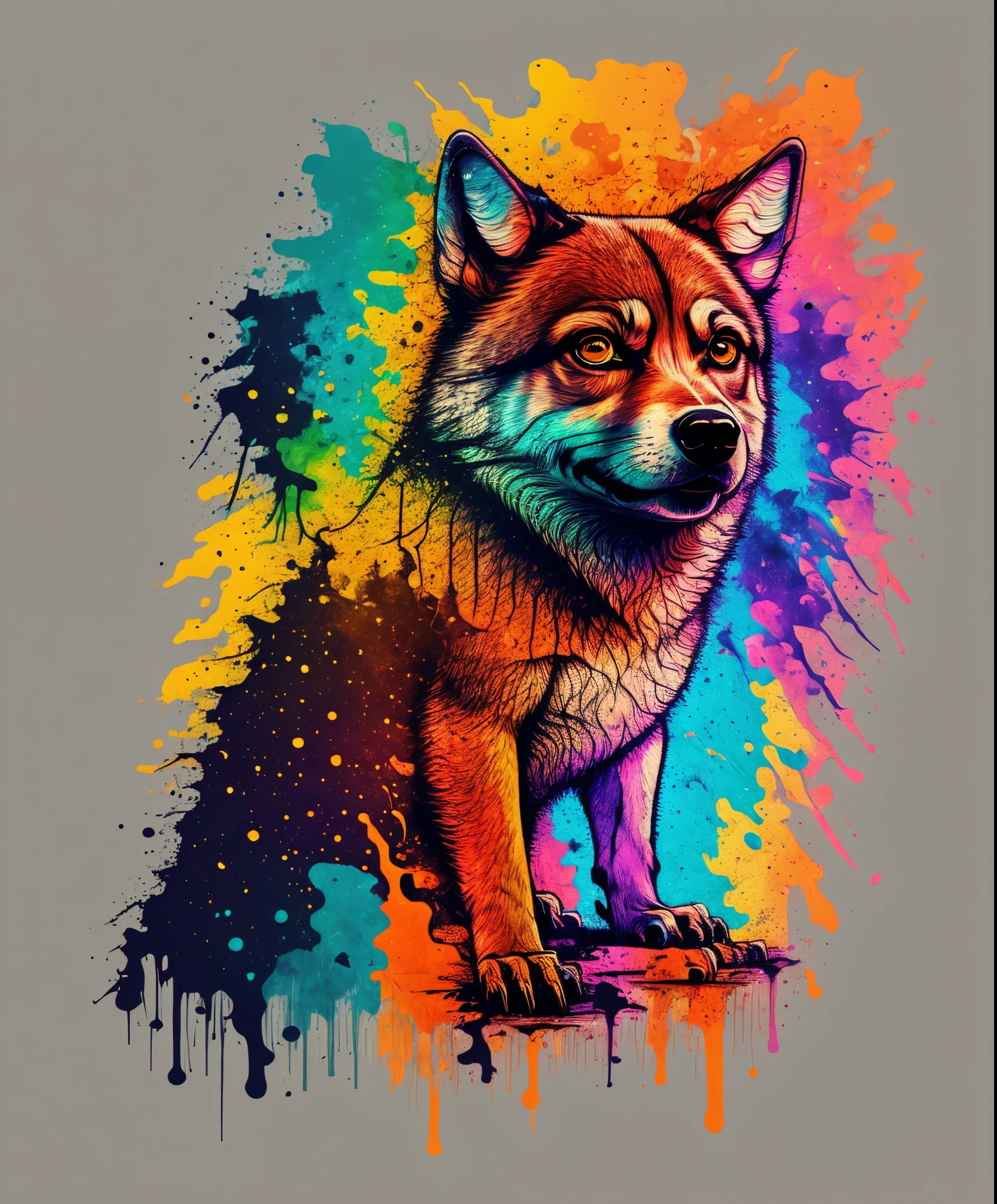 (close up fotografia de um lobo), T-shirt logo in colorful tapered thin outline style, spelling view, arte em (fundo vazio:1.4)Hands,