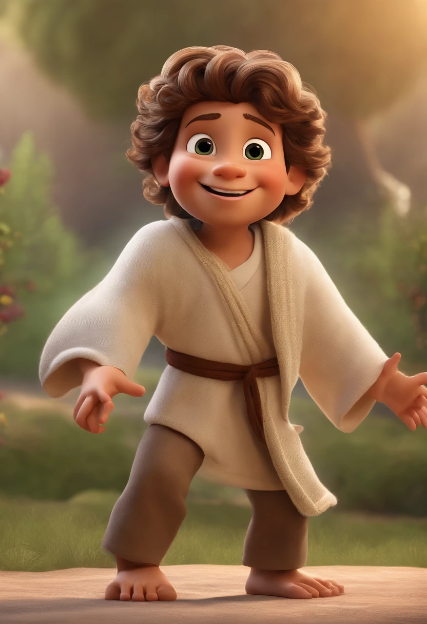 A happy boy of Jesus Christ with hair standing on end complied, fundo branco, barnet, Tom, Estilo Pixar, ....3d, desenhos animados, rosto detalhado, asymmetrical 16k