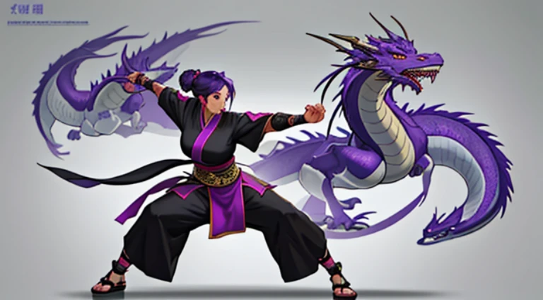 Sexy Asian warrior girl. Black and purple hair. Dragon armor motif. I'm the style of mortal Kombat. Concept art using wing chun martial arts. Show full body. Sex appeal. With Chinese dragon wrapped around her.