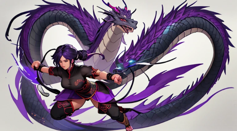 Sexy Asian warrior girl. Black and purple hair. Dragon armor motif. I'm the style of mortal Kombat. Concept art using wing chun martial arts. Show full body. Sex appeal. With Chinese dragon wrapped around her. Dragon made of purple flames.