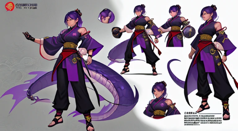 Sexy Asian warrior girl. Black and purple hair. Dragon armor motif. I'm the style of mortal Kombat. Concept art using wing chun martial arts. Show full body. Sex appeal. With Chinese dragon wrapped around her.