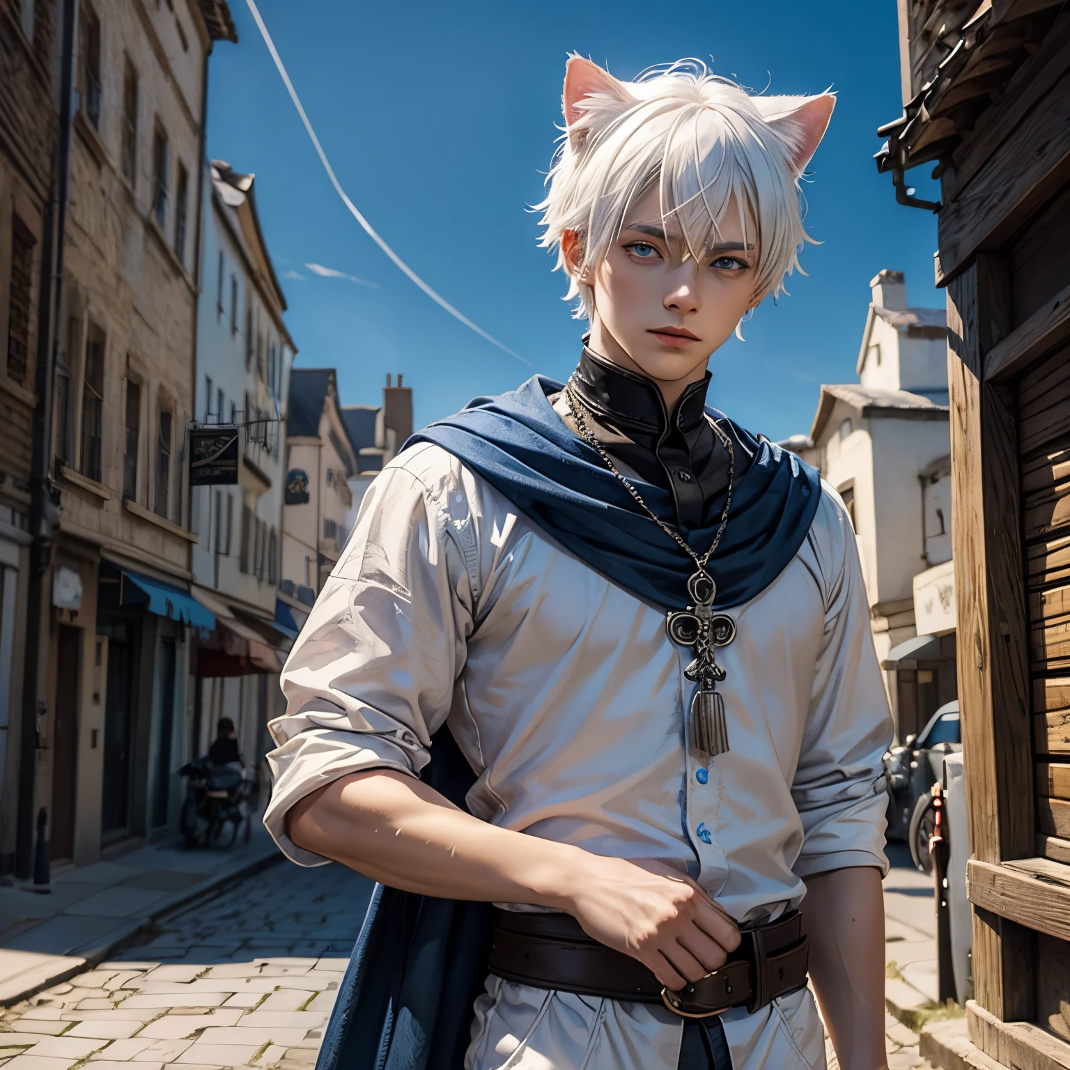 Man, boy, young, blue eyes, white hair, blue eyes, cat ears, neko, short hair, medieval background