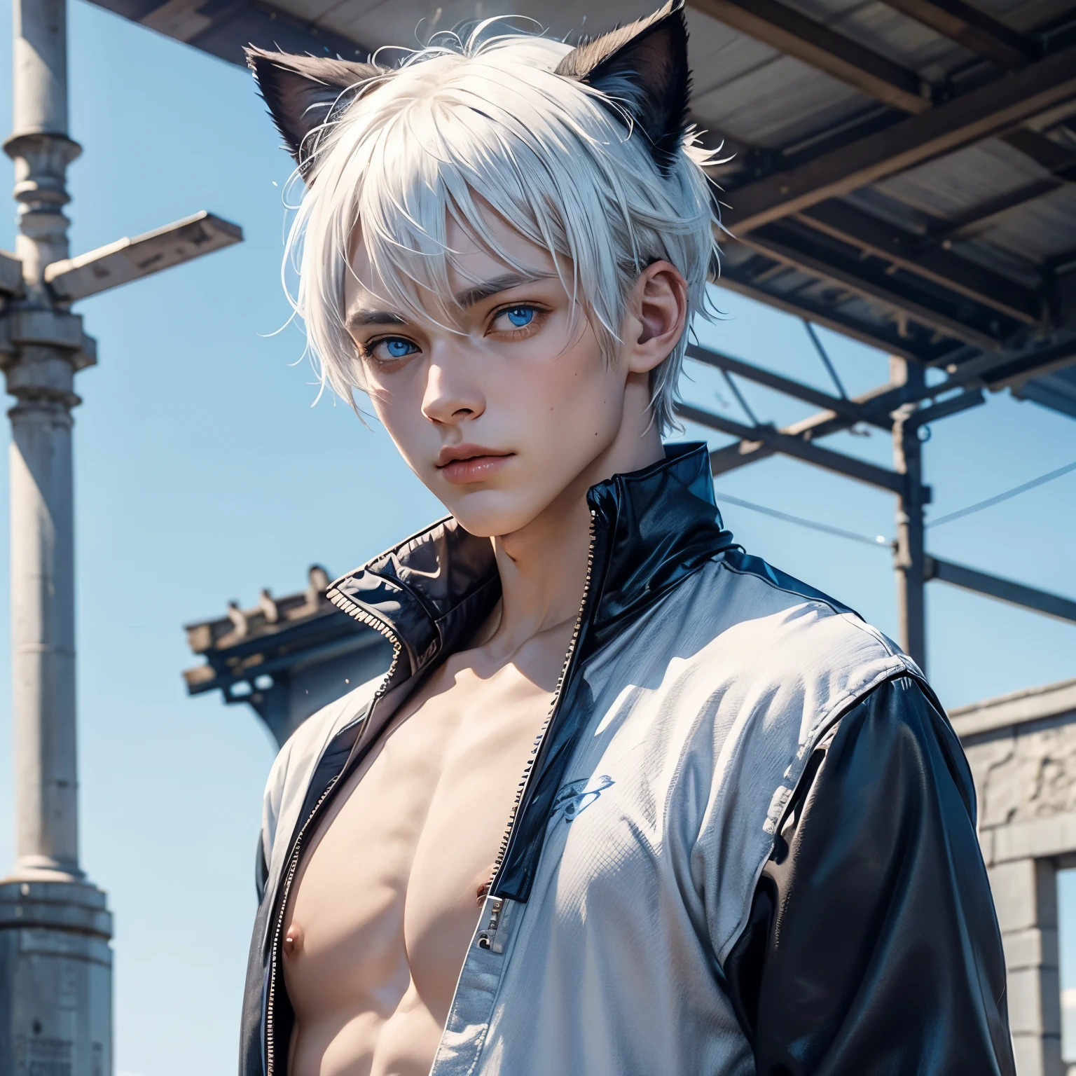 Man, boy, young, blue eyes, white hair, blue eyes, cat ears, neko