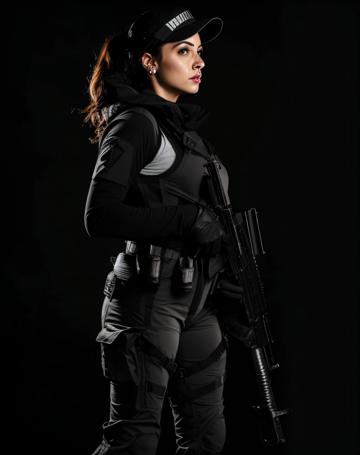 mulher arafada em uma foto em preto e branco com uma arma, Fotografia de uma mulher techwear, quiet from metal gear solid, silencioso de metal gear solid v, fotografia de personagens, protagonista feminina, com fuzil, wearing tactical gear, Directed by: Kristian Kreković, dressed in tactical armor, Directed by: Matteo Pérez, fotografia de armas de fogo, Amanda Clarke