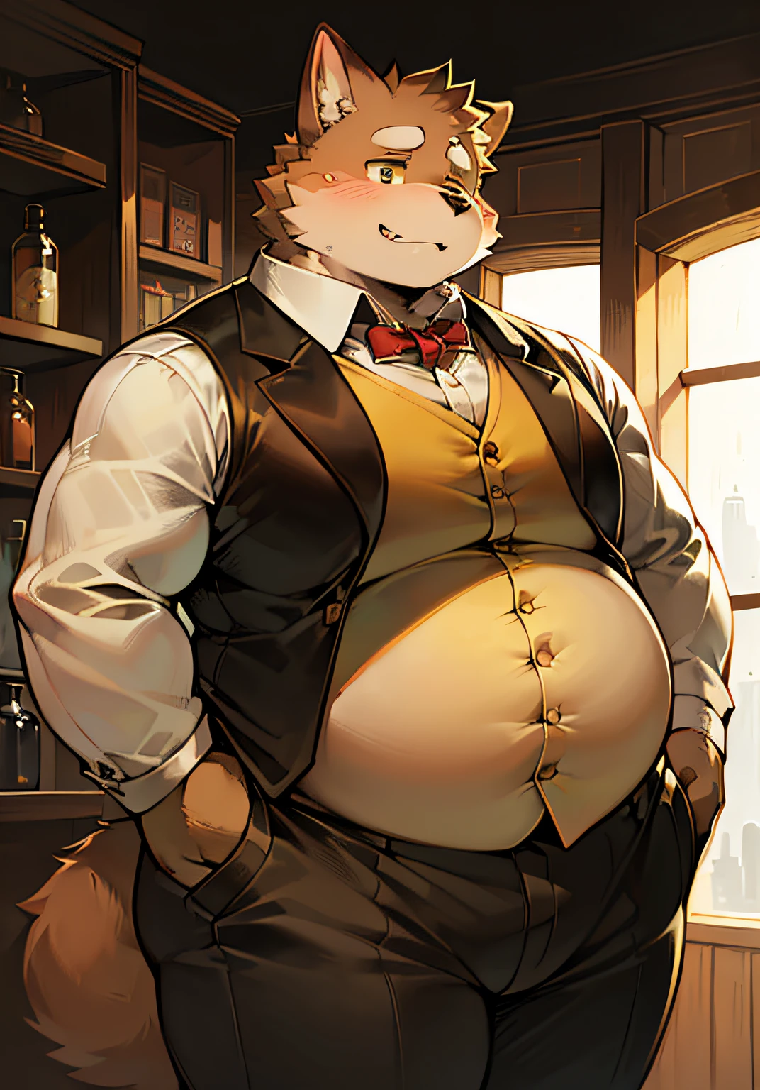 ((solo)), e621, furry, male, adult, anthro, fat, chubby, obese, light yellow shirt, waistcoat, cat, standing pose, dark brown fur, beige fur, belly, detailed face, overweight, high contrast, saturated colors, fantasy shop
