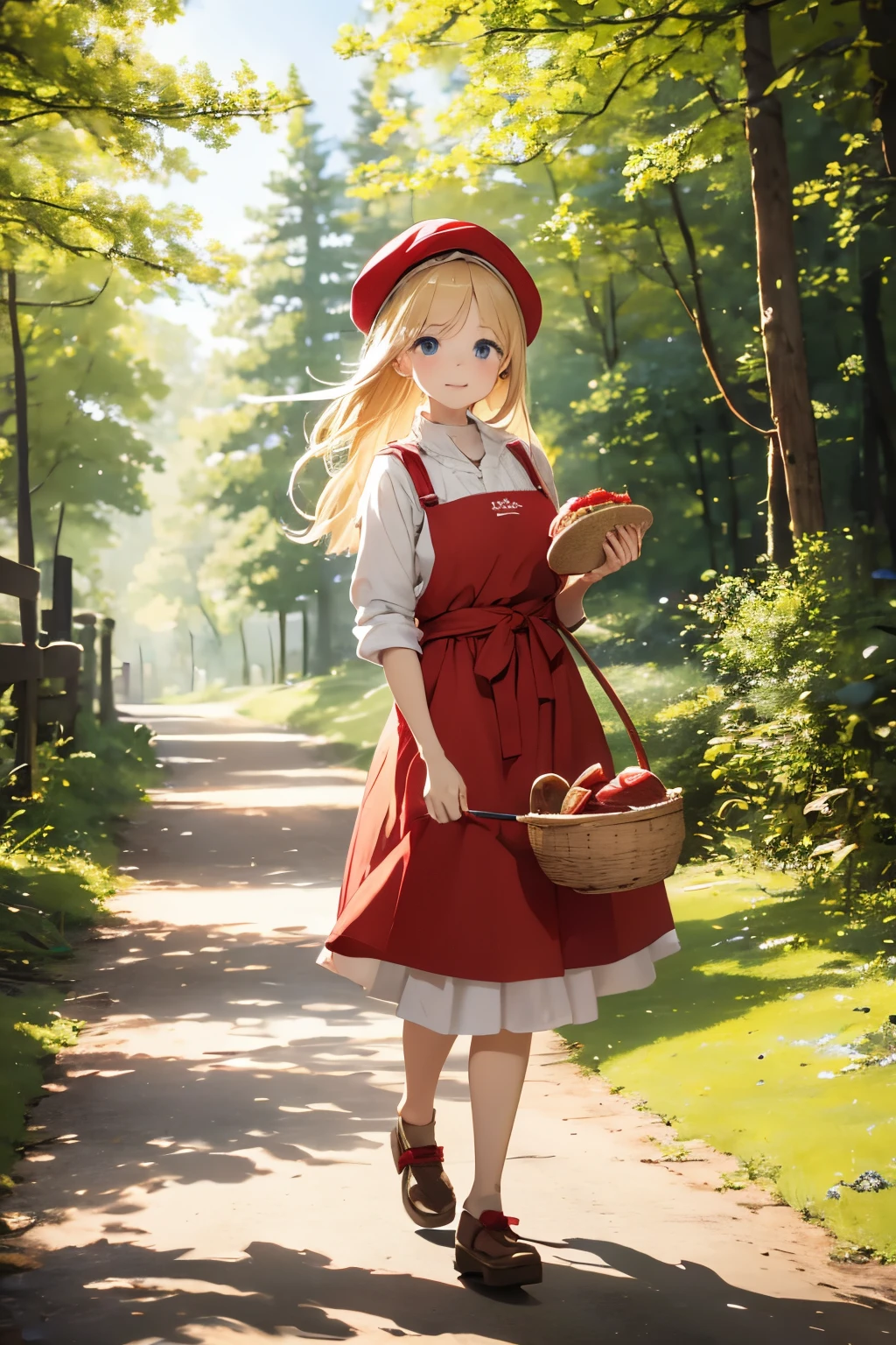 A cute blonde-haired girl in a red hat is walking along a sunny forest path。。, Wearing peasant clothes and an apron. She wears wooden shoes and carries a basket of pastries. Portraits must be of the highest quality with high resolution, Emphasis on realistic depiction