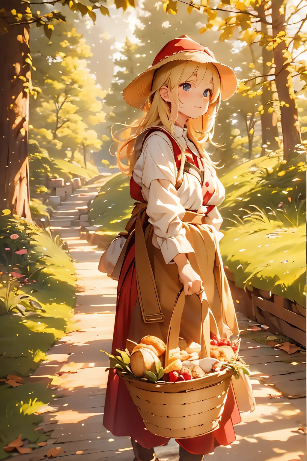 A cute blonde-haired girl in a red hat is walking along a sunny forest path。, Wearing peasant clothes and an apron. She wears wooden shoes and carries a basket of pastries. Portraits must be of highest quality with high resolution, Emphasis on realistic depiction.