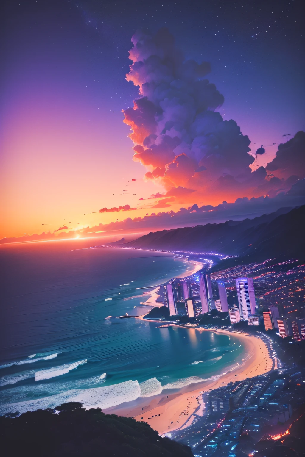 (master part, best quality:1.4), Cinematic light, colorido, alto contraste, neon light, heaven, sunlight, space, Praia, Onda, sem pessoas, Fotografia de paisagem expansiva, (a view from below that shows the sky above and the sea below wear a lot of purple and orange, Detalhes, warm colors and vibrant Japanese anime style