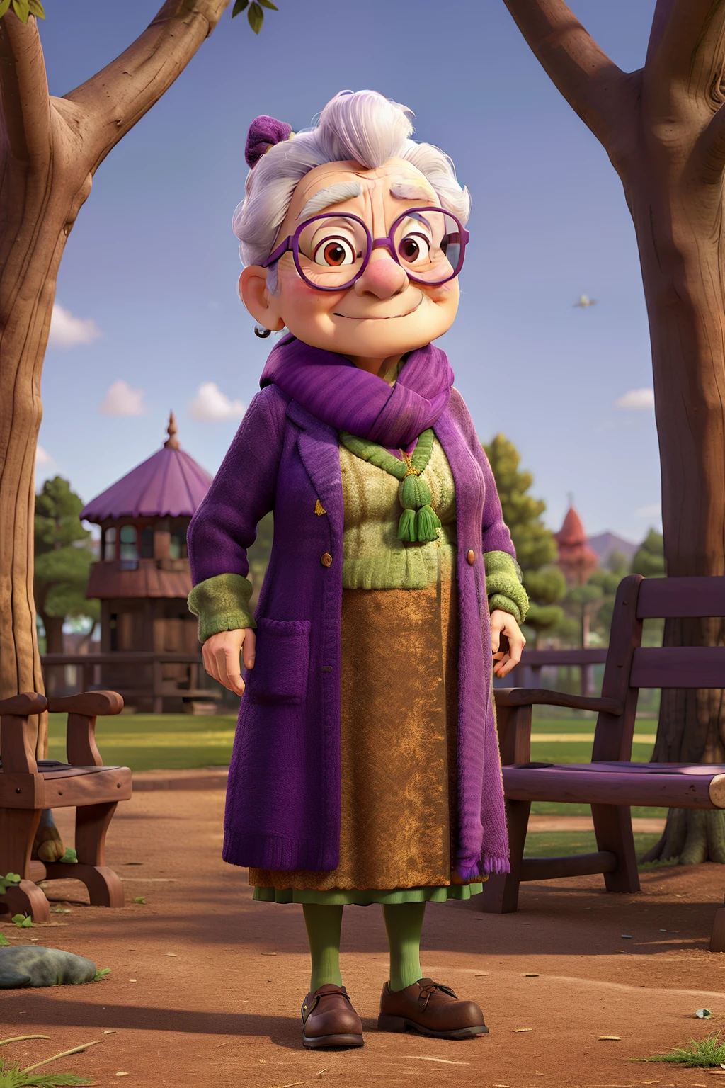 masterpiece, best quality, an old woman with glasses and a scarf on, wearing a purple coat and green scarf, standing at the park