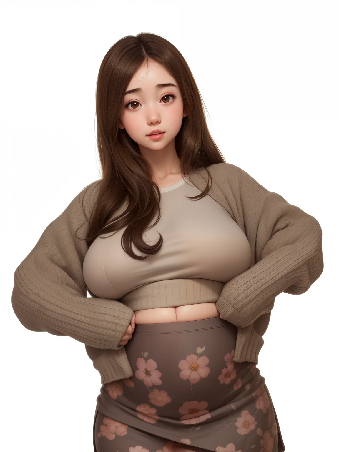 (best quality), big head, (1girl with gigantic breasts:1.3) Soft Girl ,Crop Top , Cardigan , Floral Skirt , Fat Girl , White Pale Skin Tone , Cozy , Positive Vibing , Warming , Fresh , Clean , Sweet Girl , Korean , Fat Belly , Brown Hair , Details, gigantic Breast UHD , 8K