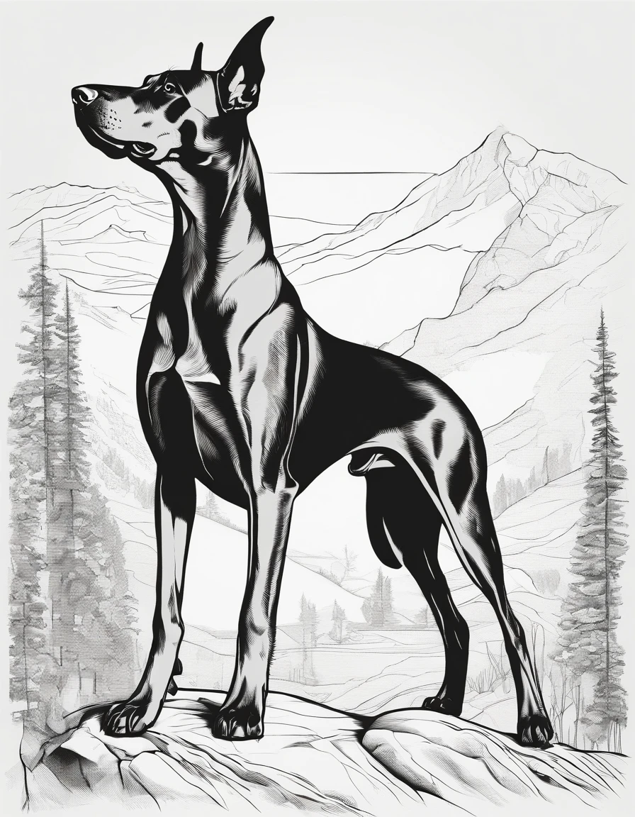 Doberman pinscher standing on a rock, for coloring page, high quality, black and white, no shading