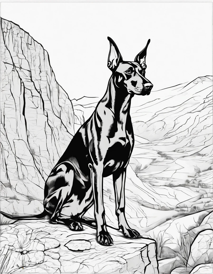 Doberman pinscher standing on a rock, for coloring page, high quality, black and white, no shading
