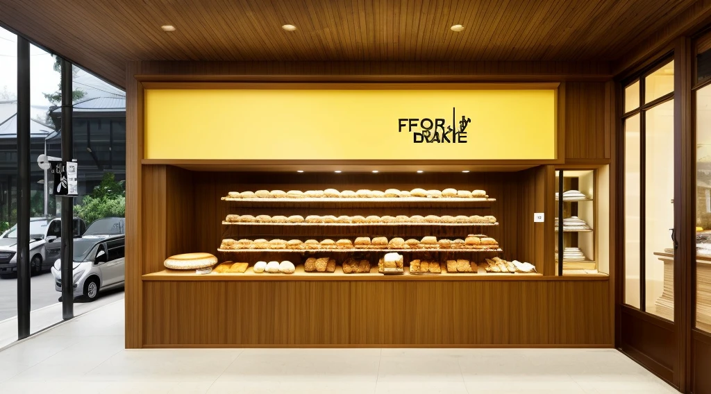 The facade of this bakery is simple and warm。Four wooden pillars support the entire facade,The soft light yellow or light brown color of the exterior wall gives a warm feeling。Large glass windows allow sunlight to pass through,Make the interior bright and comfortable。A simple and distinctive store name or logo on the facade,and hanging baking utensils,Adds a unique decorative touch。The overall design is simple and attractive,Give guests a relaxed and pleasant feeling。