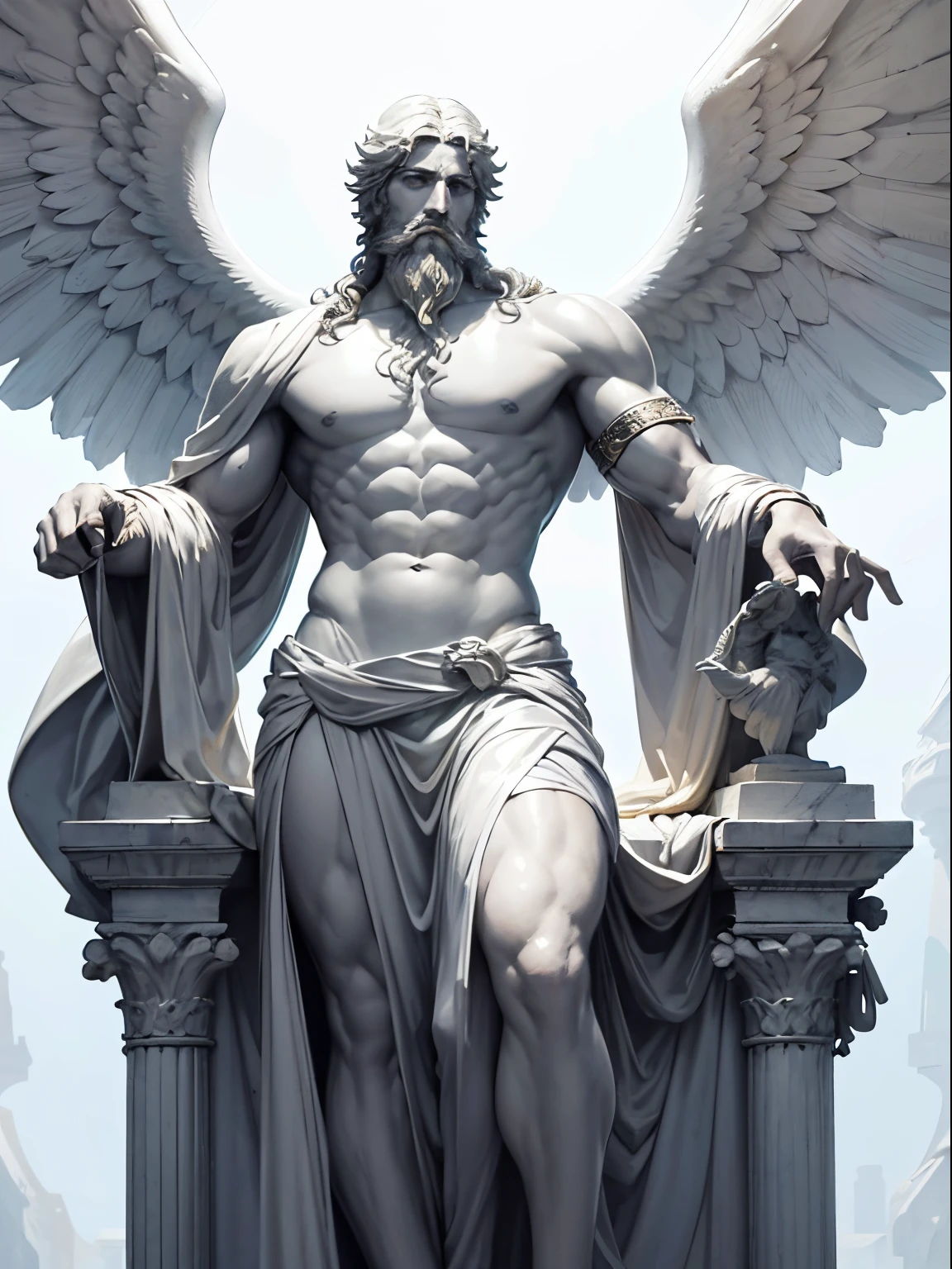 white marble sculpture, Greco-Roman statue, man with exquisite beard, frankness to hide with white cloth, muscular angel, serious look, symbol of courage, symbol of strength, renaissance or baroque statue, statue material white marble, blank black background without any details [marble statue],[no detail background],[white sculpture]