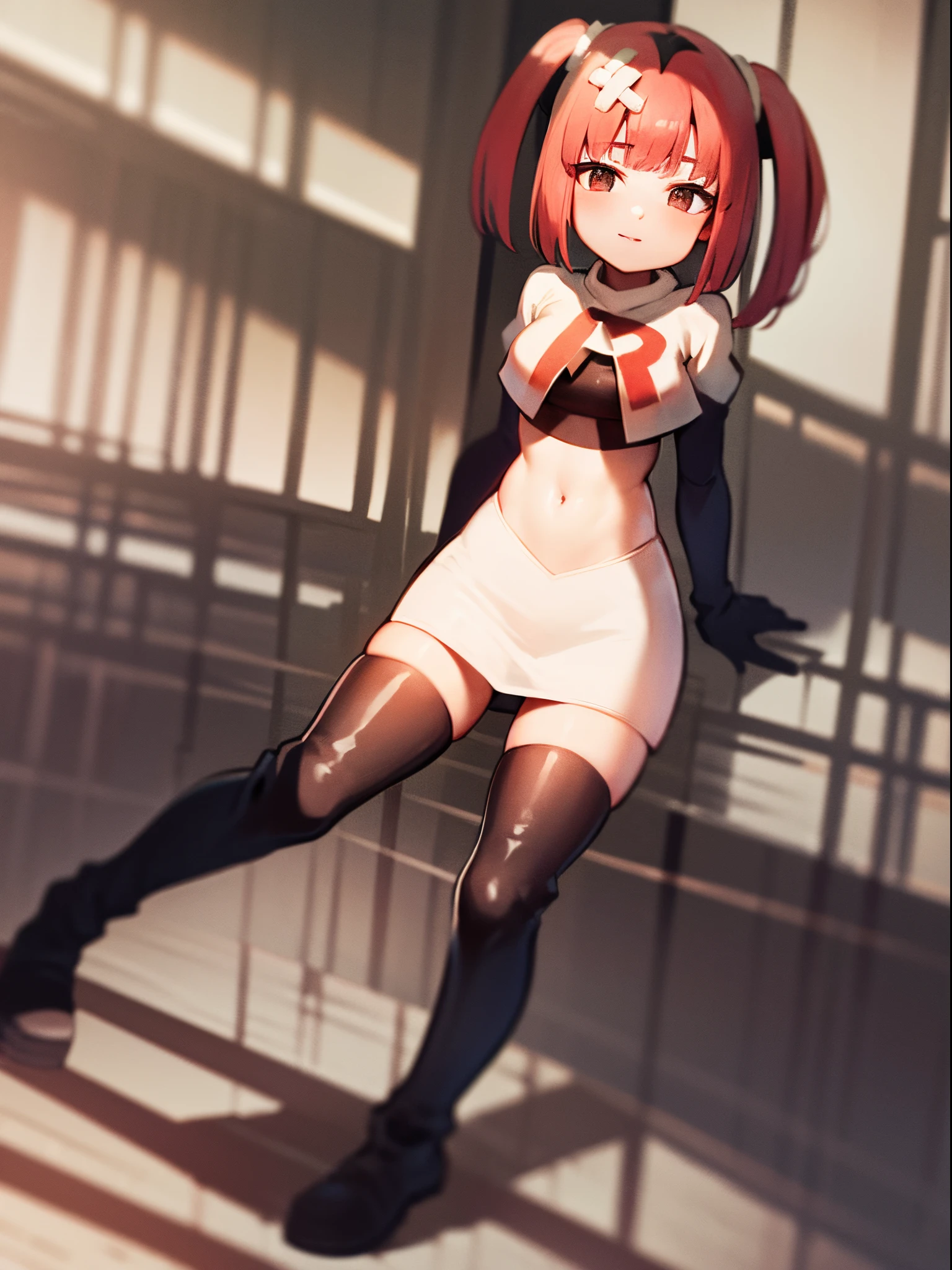 sango, long hair, multicolored hair, medium hair, team rocket,team rocket uniform,white skirt,crop top,black thigh-high boots,black elbow gloves,