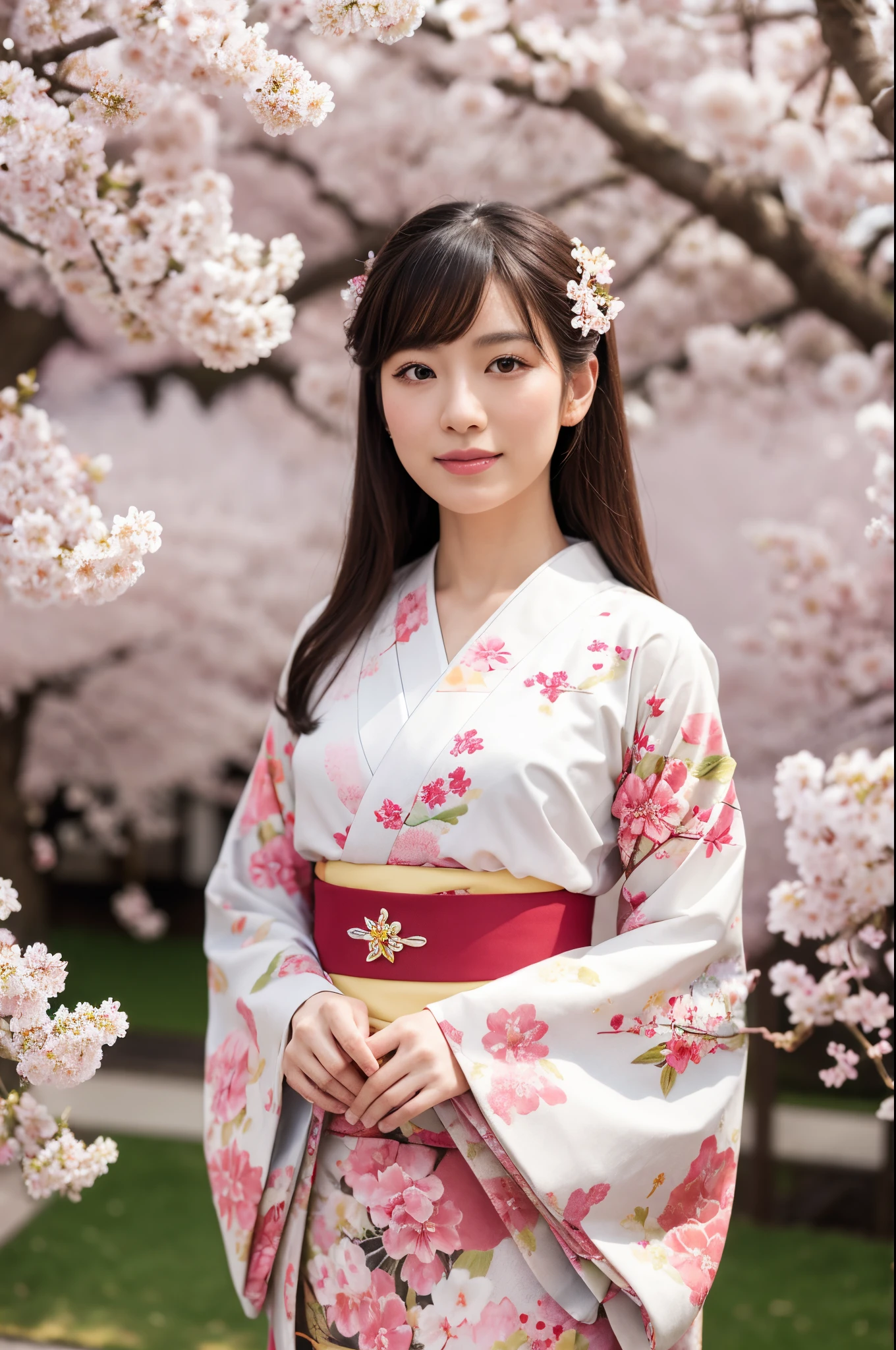 8k, highest quality, ultra details, Yuki, traditional Japanese kimono, gracefully posing in a serene garden adorned with cherry blossoms.