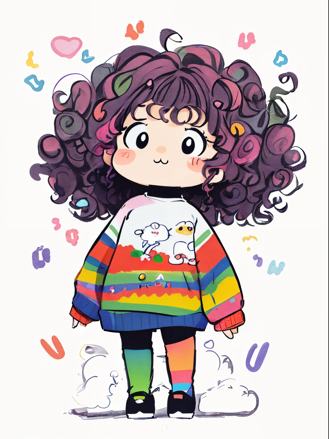 A drawing of a girl with curly hair and a colorful sweater, Colorful! character  design, cute colorful cute, lovely art style, cute illustration, Cartoon Cute, cute character, short full body portrait!, Chuanghui Illustrations, Colorful illustration, Color with many colors, Cute and detailed digital art, colored sketch, cute cartoon character, cute kawaii girls, Lovely detailed artwork